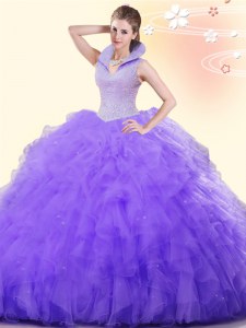 Backless Floor Length Lavender Ball Gown Prom Dress Tulle Sleeveless Beading and Ruffles
