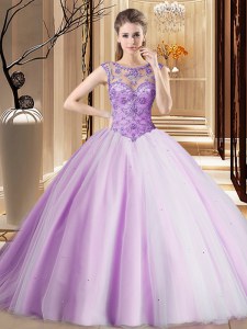 Custom Designed Scoop Sleeveless Tulle Brush Train Lace Up 15th Birthday Dress in Lavender with Beading