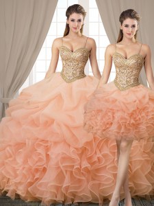 Excellent Three Piece Spaghetti Straps Sleeveless Organza Vestidos de Quinceanera Beading and Ruffles and Pick Ups Lace Up