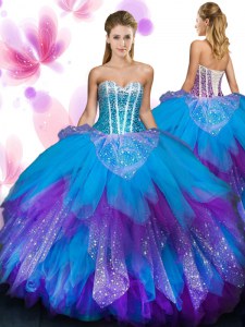 Beading and Ruffled Layers Quince Ball Gowns Multi-color Lace Up Sleeveless Floor Length
