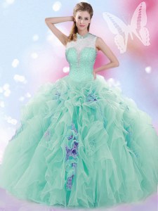 Popular Apple Green Lace Up Sweet 16 Dress Beading and Ruffles Sleeveless Floor Length