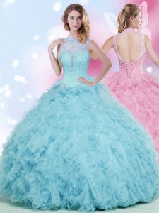 Traditional Baby Blue Lace Up Quinceanera Gowns Beading and Ruffles Sleeveless Floor Length