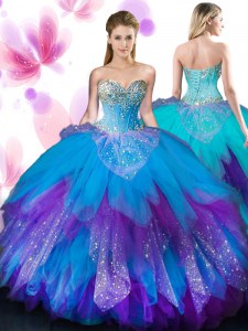 Elegant Sleeveless Tulle Floor Length Lace Up Sweet 16 Quinceanera Dress in Multi-color with Beading and Ruffles