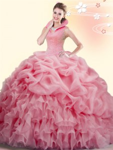 Backless High-neck Sleeveless Sweet 16 Dresses Brush Train Beading and Ruffles and Pick Ups Watermelon Red Organza