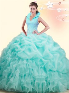 Cheap Backless Organza Sleeveless Quinceanera Gown Brush Train and Beading and Ruffles and Pick Ups