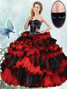 Clearance Ruffled Ball Gowns Ball Gown Prom Dress Red And Black Sweetheart Organza Sleeveless Floor Length Lace Up