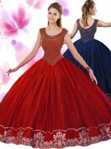 Amazing Scoop Sleeveless Ball Gown Prom Dress Floor Length Beading and Appliques Wine Red Tulle