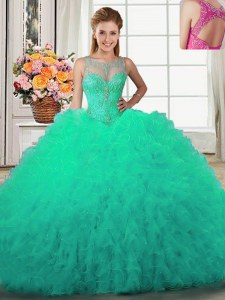 Custom Design Scoop Sleeveless Ball Gown Prom Dress Floor Length Beading and Ruffles Turquoise Tulle