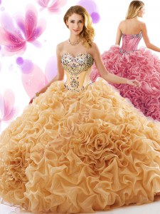 Champagne Sweet 16 Quinceanera Dress Organza Court Train Sleeveless Beading and Ruffles