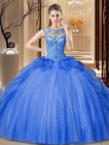 Scoop Ruffles Sweet 16 Quinceanera Dress Blue Lace Up Sleeveless Floor Length