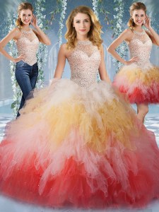 Extravagant Halter Top Sleeveless Tulle Quinceanera Gowns Beading and Ruffles Lace Up