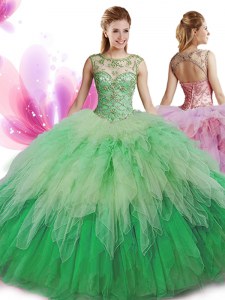 Designer Tulle Scoop Sleeveless Zipper Beading and Ruffles Quinceanera Dresses in Multi-color