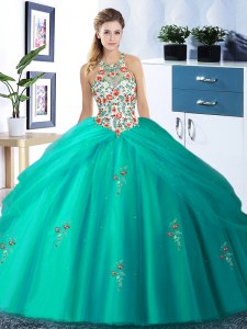 Turquoise Tulle Lace Up Halter Top Sleeveless Floor Length Quinceanera Dresses Embroidery and Pick Ups