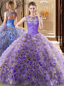 On Sale Scoop Sleeveless Beading Lace Up Quinceanera Dress with Multi-color Brush Train