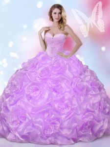 Lavender Sleeveless Fabric With Rolling Flowers Lace Up 15 Quinceanera Dress for Military Ball and Sweet 16 and Quinceanera