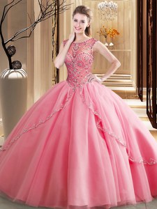 Lovely Scoop Ball Gowns Sleeveless Watermelon Red Quinceanera Dress Brush Train Lace Up