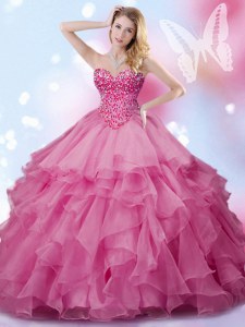 Rose Pink 15th Birthday Dress Military Ball and Sweet 16 and Quinceanera and For with Beading Sweetheart Sleeveless Lace Up