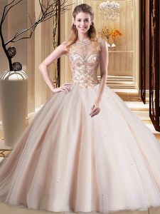 Cheap Peach Scoop Neckline Beading Sweet 16 Dress Sleeveless Lace Up