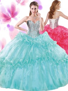 Turquoise Sleeveless Floor Length Beading and Pick Ups Lace Up Ball Gown Prom Dress