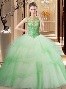 Beauteous Apple Green Ball Gowns Tulle Scoop Sleeveless Beading and Ruffled Layers Lace Up Sweet 16 Dresses Brush Train