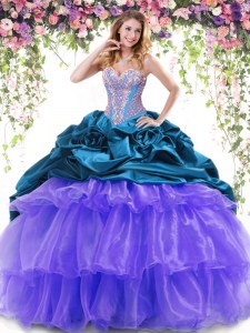 With Train Multi-color Quinceanera Gowns Organza and Taffeta Brush Train Sleeveless Beading and Ruffled Layers and Pick Ups