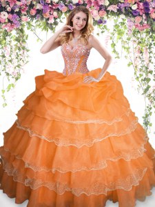 Pick Ups Ruffled Orange Sleeveless Organza Lace Up Ball Gown Prom Dress for Military Ball and Sweet 16 and Quinceanera