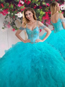 New Style Teal Off The Shoulder Neckline Beading and Ruffles Quinceanera Gown Sleeveless Lace Up