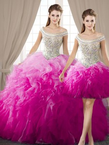 Luxurious Three Piece Ball Gowns Quinceanera Dresses Fuchsia Off The Shoulder Organza Sleeveless Floor Length Lace Up
