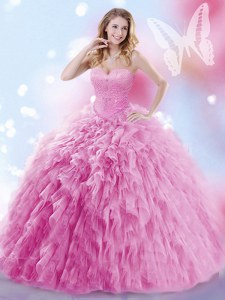 Lace Up Quince Ball Gowns Rose Pink for Military Ball and Sweet 16 and Quinceanera with Beading and Ruffles Brush Train