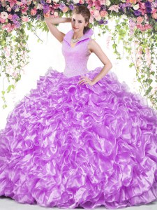 Smart Lilac Ball Gowns Organza High-neck Sleeveless Beading and Ruffles Floor Length Backless Sweet 16 Dress