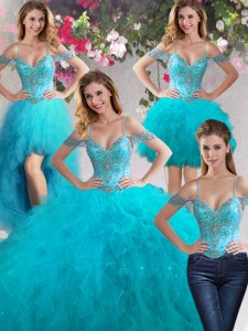 Four Piece Off the Shoulder Teal Ball Gowns Beading and Ruffles Quince Ball Gowns Lace Up Tulle Sleeveless Floor Length
