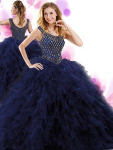 Fitting Scoop Sleeveless Zipper Floor Length Beading and Ruffles Quince Ball Gowns
