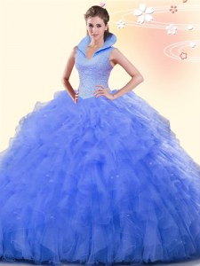 Stunning Blue High-neck Neckline Beading and Ruffles Ball Gown Prom Dress Sleeveless Backless