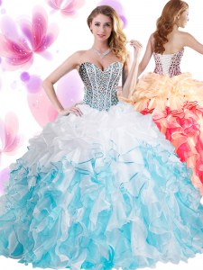 Beading and Ruffles Ball Gown Prom Dress Blue And White Lace Up Sleeveless Floor Length