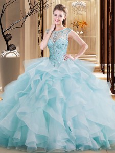 Affordable Light Blue Scoop Lace Up Beading and Ruffles Sweet 16 Dress Brush Train Sleeveless