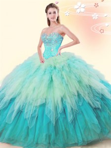 Popular Multi-color Lace Up Quinceanera Dress Beading and Ruffles Sleeveless Floor Length