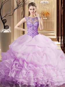 Comfortable Scoop Beading and Ruffles and Pick Ups 15 Quinceanera Dress Lilac Lace Up Sleeveless Brush Train
