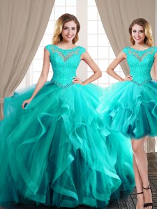 Smart Three Piece Aqua Blue Scoop Neckline Beading and Appliques and Ruffles Sweet 16 Dress Cap Sleeves Lace Up