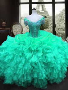 Suitable Turquoise Sweetheart Lace Up Beading and Ruffles 15th Birthday Dress Cap Sleeves