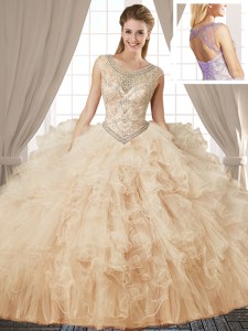 Captivating Scoop Sleeveless Beading and Ruffles Lace Up Quince Ball Gowns