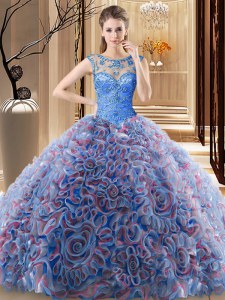 Multi-color Ball Gowns Scoop Sleeveless Fabric With Rolling Flowers Brush Train Lace Up Beading 15 Quinceanera Dress