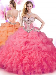 Hot Pink Sweetheart Neckline Beading and Ruffles and Pick Ups Quinceanera Dresses Sleeveless Lace Up