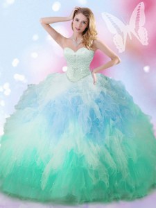Custom Fit Sleeveless Floor Length Beading and Ruffles Lace Up Sweet 16 Dress with Multi-color