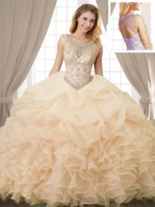 Hot Sale Scoop Sleeveless Sweet 16 Dress Floor Length Beading and Ruffles and Pick Ups Champagne Organza
