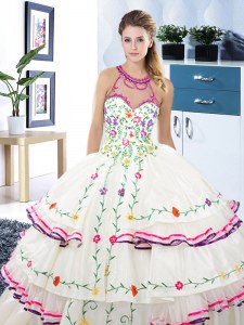 Fancy Halter Top White Lace Up Quinceanera Gowns Embroidery and Ruffled Layers Sleeveless Floor Length