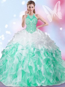 Beautiful Multi-color Lace Up Halter Top Beading and Ruffles and Pick Ups Quinceanera Dress Organza Sleeveless
