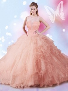 On Sale Peach Sleeveless Tulle Lace Up Quinceanera Dresses for Military Ball and Sweet 16 and Quinceanera
