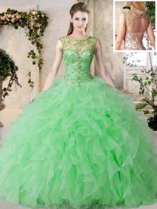 Sumptuous Scoop Sleeveless Organza Floor Length Lace Up Quinceanera Dresses in Green with Beading and Ruffles