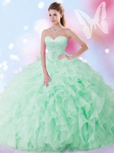 Hot Sale Apple Green Sleeveless Beading and Ruffles Floor Length Quince Ball Gowns