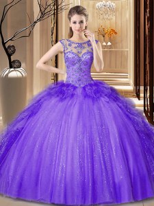 Purple Ball Gowns Tulle Scoop Sleeveless Sequins Floor Length Lace Up Quinceanera Gown